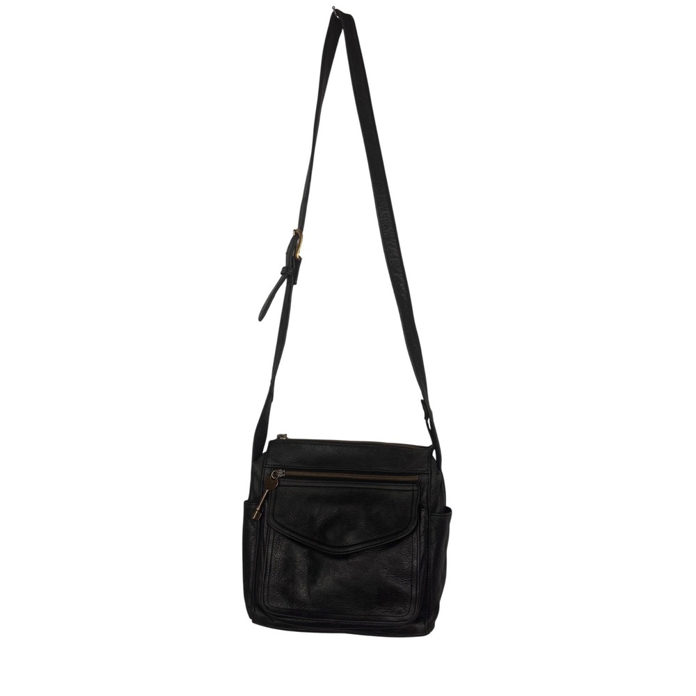Fossil Black Distressed Leather Crossbody Bag Multi‎ Pocket Brass Key Charm